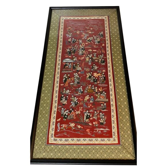 Vintage Chinese Red Hand Stitched Embroidered 100 Children on Silk Framed Youth